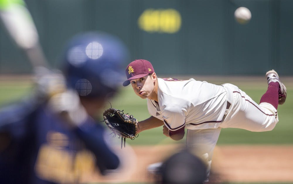 ASU baseball's Zach Dixon pitches during a game against California at Phoenix Municipal Stadium in Phoenix, Arizona, on Sunday, April 17, 2016. The Sun Devils won the final game in this series 4-0.