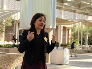 State Rep. Isela Blanc (D-Tempe) speaks with students in front of the Memorial Union on March 31, 2017