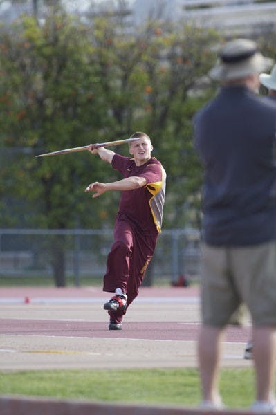 AN ARIZONA AFFAIR: Freshman Jeremy Marcinko prepares to throw the javelin during the Baldy Castillo Invitational last month at Sun Angel Stadium. The Sun Devils will take on UA and NAU in the Double Dual in Tucson this weekend. (Photo by Scott Stuk)
