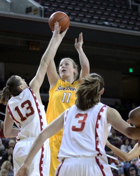THROW IT UP: Sophomore forward Kali Bennett puts up a shot during the Sun Devils' 62-52 loss to USC on Saturday. ASU will face Cal tomorrow in the Pac-10 Tournament in Los Angeles.(Photo Courtesy of Steve Rodriguez)