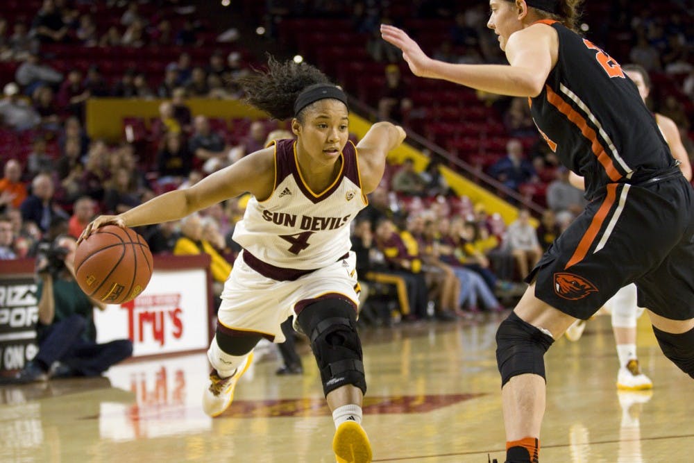 ASU freshman guard Kiara Russell (4) drives towards the basket with Beavers guard Kat Tudor defending the lane to the basket during the women's basketball game versus the Oregon State Beavers in Wells Fargo Arena in Tempe, Arizona on Friday, Feb. 3, 2017. ASU lost 54-45. (Josh Orcutt/State Press)