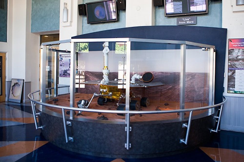 One of the space rovers  is being displayed in the Moeur Building. For the first time in 40 years, NASA will be able to take pictures of the atmosphere on Mars using the THEMIS camera designed at ASU. (Photo by Ryan Liu)