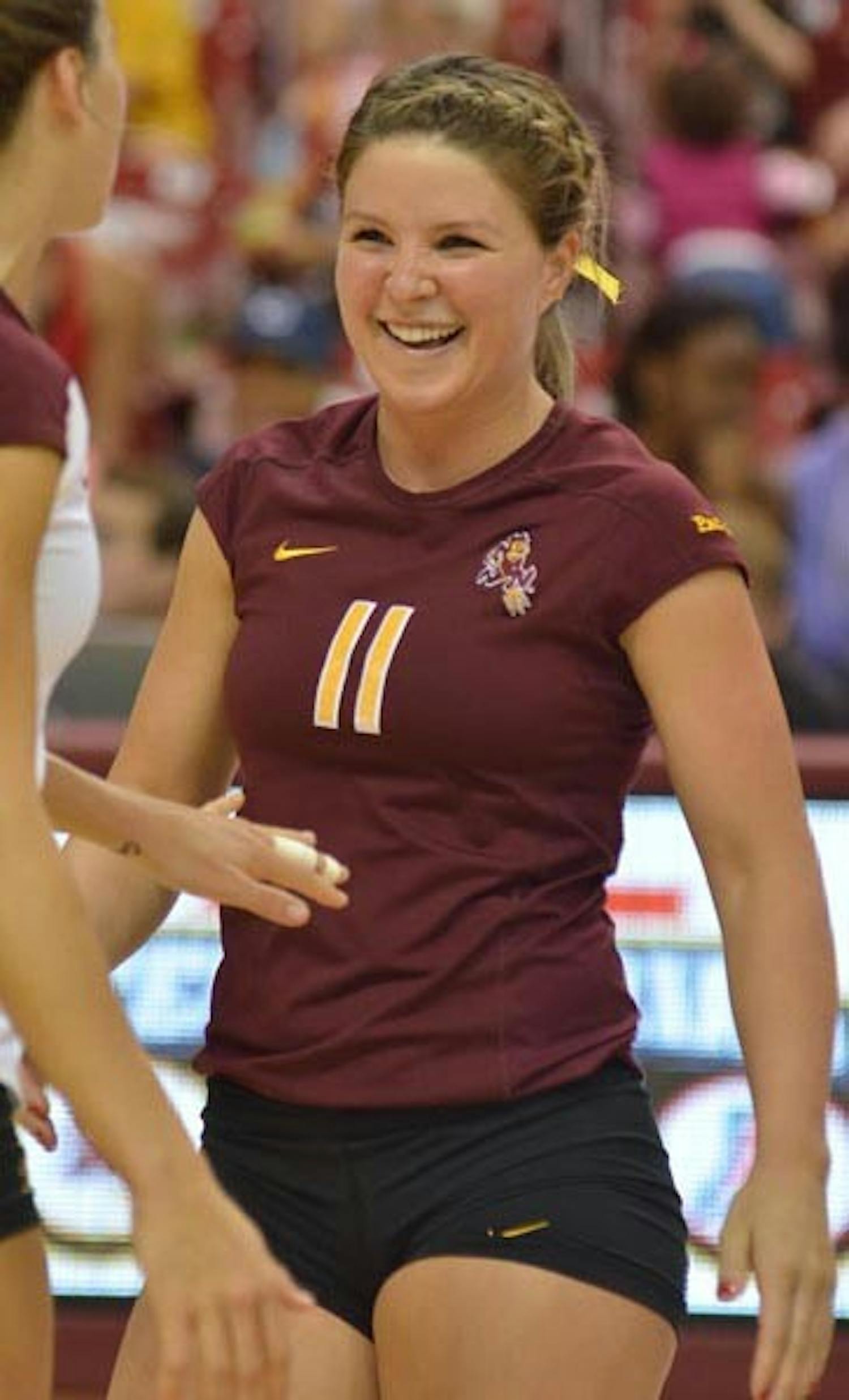 BIG VOCALS: The role of being a leader can be tough to succeed in, but for ASU senior libero Sarah Johnson, her lessons learned along her volleyball journey as a Sun Devil have helped her become the great vocal leader she is today. (Photo by Aaron Lavinsky)