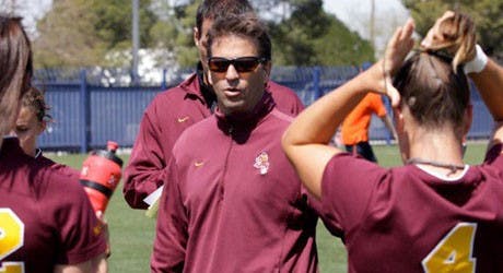 ASU women's soccer coach Kevin Boyd instructs his team during a 7-on-7 tournament in March. Boyd, in his fourth season as the Sun Devils' coach, is hoping to guide his team to a second straight NCAA Tournament appearance for just the second time in school history. (Photo Courtesy of Steve Rodriguez)