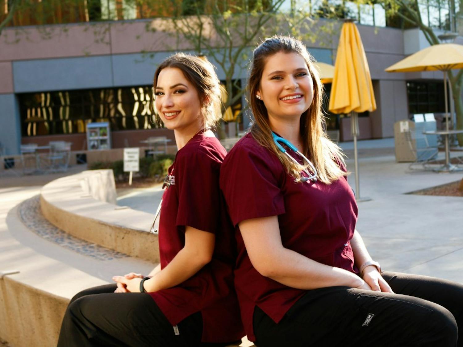 Zia Tyree (left) and&nbsp;Marina Birch (right) pose for a portrait in the courtyard of the ASU&nbsp;College of Nursing and Health Innovation.&nbsp;