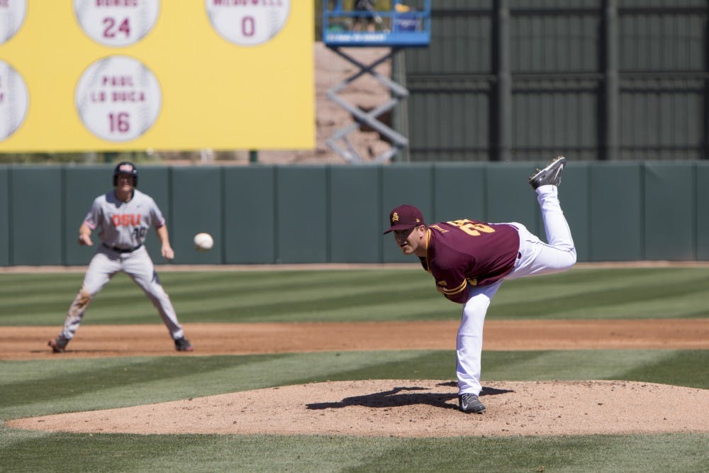 Junior Brett Lilek allows two runs in four innings pitched against Oregon State at Phoenix Municipal Stadium on Sunday March 15, 2015. The Sun Devils defeated the Beavers 7-3. (Jacob Stanek/ The State Press)