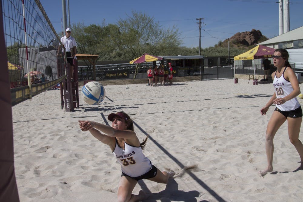 Freshman #33 digs the ball out against New Mexico in the Sun Devil Challenge. 4 March, 2016