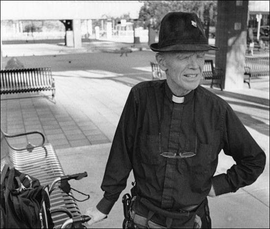 LIGHTRAIL ART: A photograph of Father Fred Simunich, taken by photography junior Sean Deck as part of his "Traveling Strangers: Portraits from the Lightrail" series (Photo courtesy of Sean Decker).