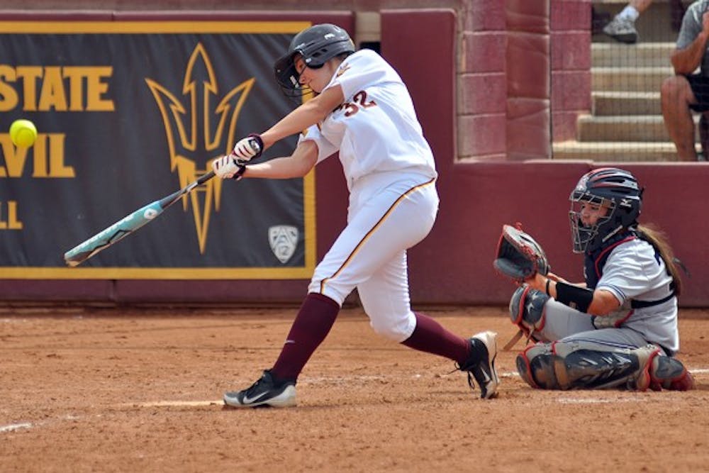 Haley Steele hit the ball in a game against UA on March 25. Steele and the Sun Devils are traveling to Oregon where temperatures are expected to be in the 40s. (Photo by Aaron Lavinsky)