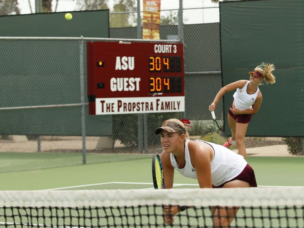 ASU senior Kassidy Jump and sophomore Sammi Hampton compete in a doubles match versus UNLA at the Whiteman Tennis Center in Tempe, Arizona on Wednesday, March 22, 2017.
