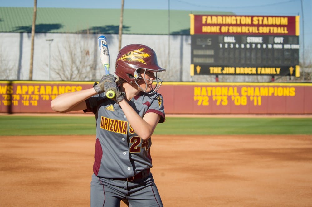 Senior catcher Katee Aguirre displays the Sun Devil Softball team's new Adidas uniforms during Media Day on Thursday, Jan. 28, 2016 at Farrington Stadium in Tempe, AZ.