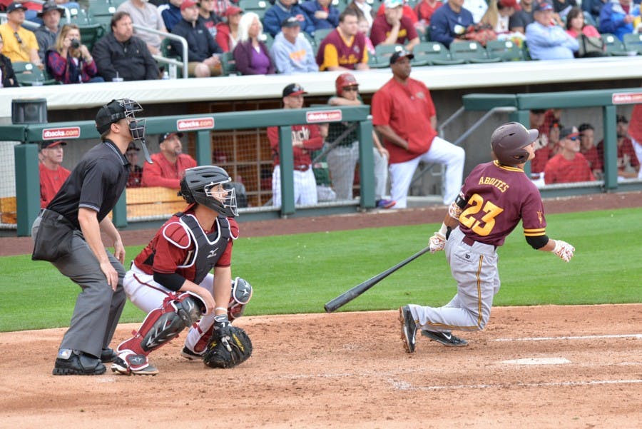 Junior Sun Devil Jordan Aboites watches to see if his hit is fair or foul Tuesday afternoon as the Arizona State Sun Devils faced off with Arizona Diamondbacks in a pre-season exhibition game Tuesday, March 3, 2015 at Salt River Fields at Talking Stick Resort in North Scottsdale, Arizona. The Diamondbacks would go on to win against Arizona State 4-0. (J. Bauer-Leffler/The State Press)