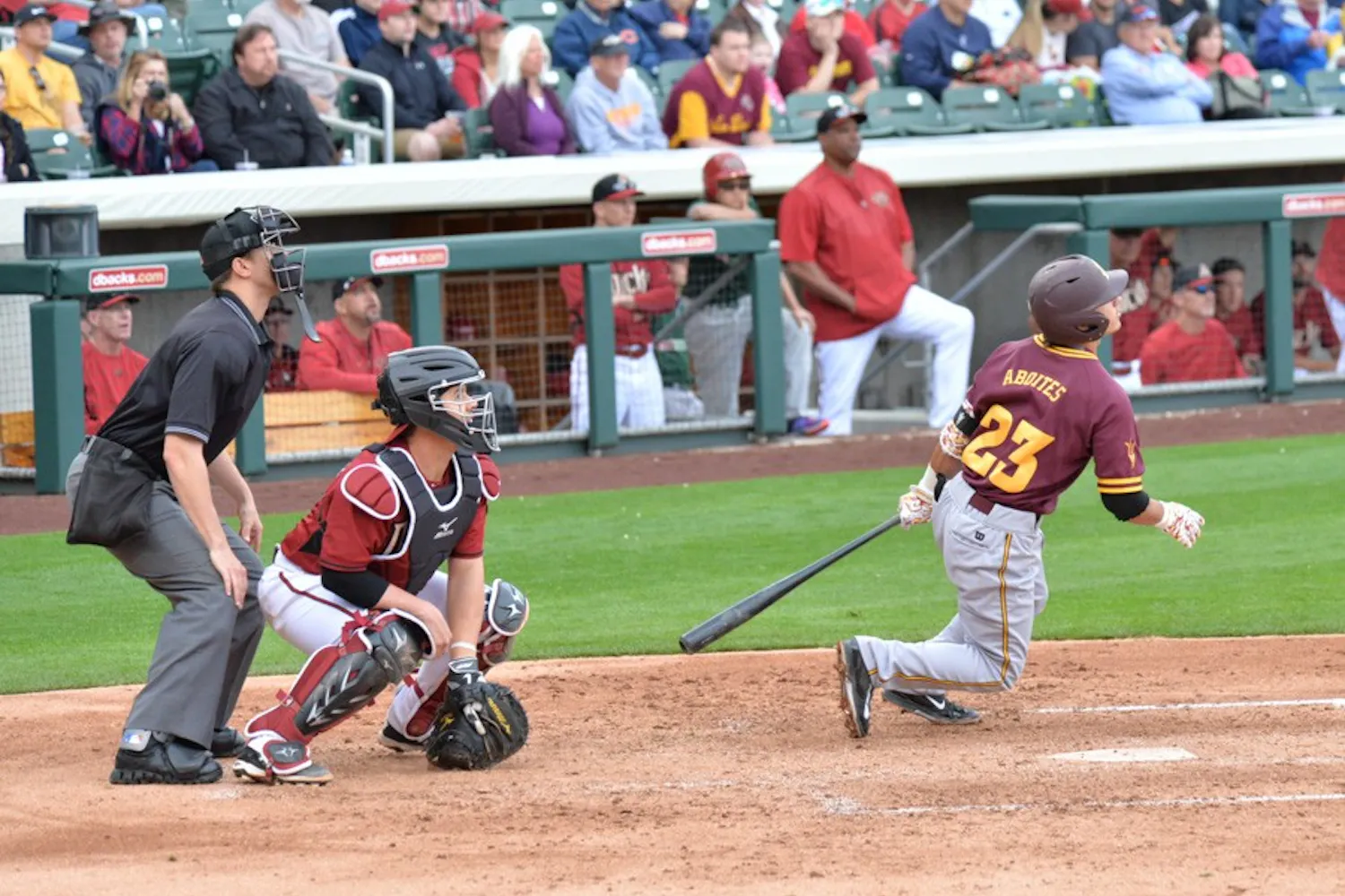 Junior Sun Devil Jordan Aboites watches to see if his hit is fair or foul Tuesday afternoon as the Arizona State Sun Devils faced off with Arizona Diamondbacks in a pre-season exhibition game Tuesday, March 3, 2015 at Salt River Fields at Talking Stick Resort in North Scottsdale, Arizona. The Diamondbacks would go on to win against Arizona State 4-0. (J. Bauer-Leffler/The State Press)