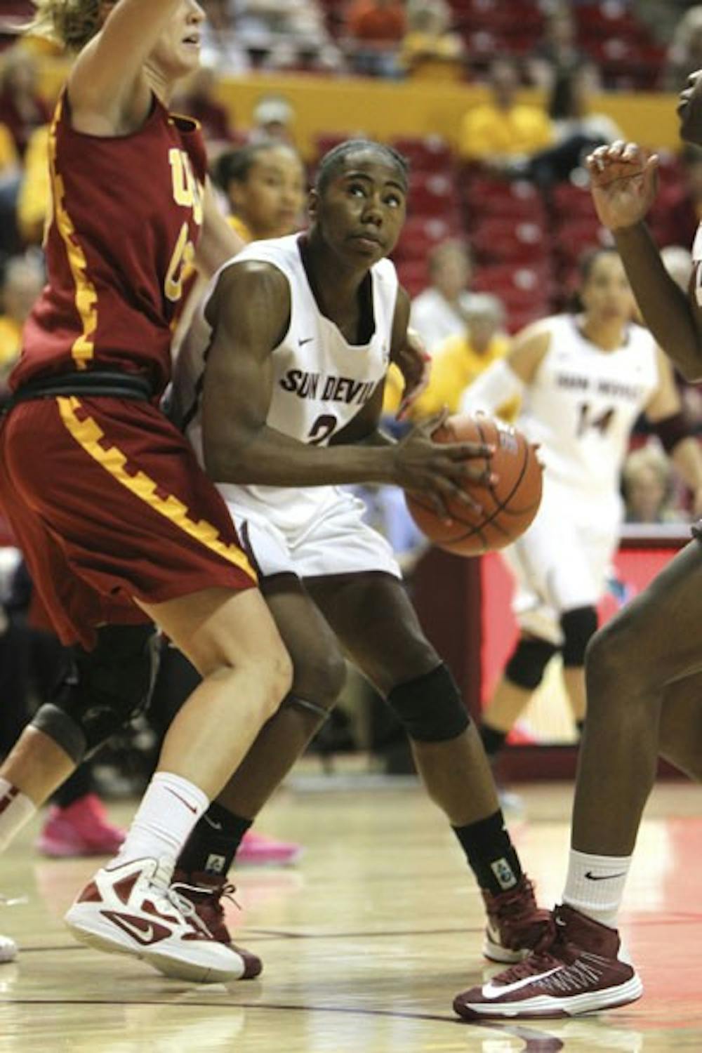 Senior guard Micaela Pickens pivots with her right foot in order to get a clean look at the basket against USC on March 3. The 67-60 loss to USC was Pickens last game in Wells Fargo Arena. (Photo by Samuel Rosenbaum) 