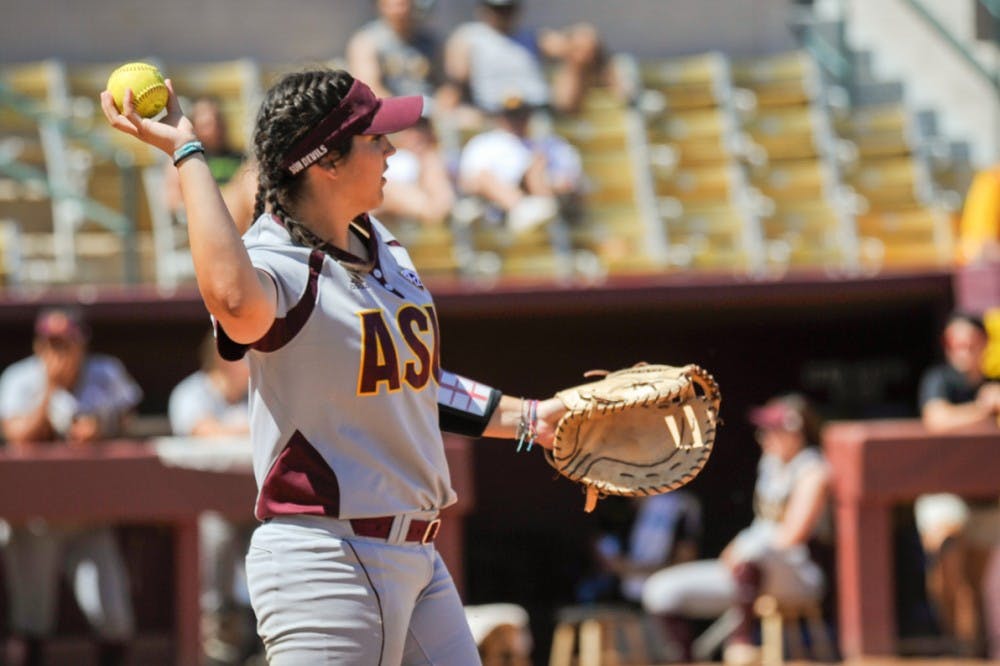 Sophomore infielder Margaret Stahm return the ball to the mound following the play at first against Texas Tech on Saturday, March 26, 2016, at Farrington Stadium in Tempe, Arizona.