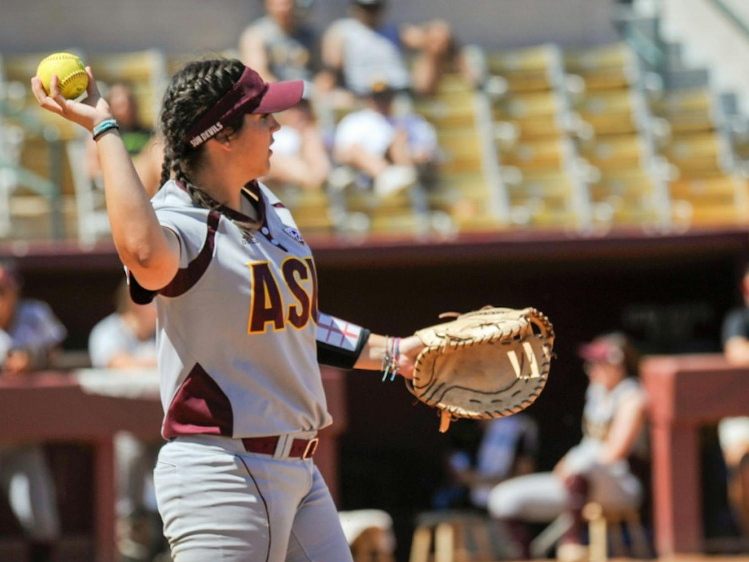 Sophomore infielder Margaret Stahm return the ball to the mound following the play at first against Texas Tech on Saturday, March 26, 2016, at Farrington Stadium in Tempe, Arizona.