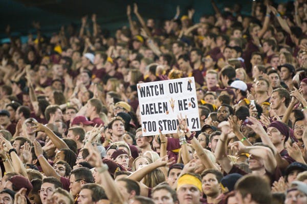 A sign supporting Jaelen Strong in the student section on Oct. 18. ASU defeated Stanford 26-10. (Photo by Andrew Ybanez)
