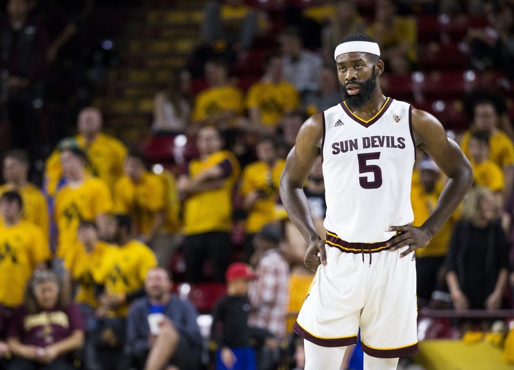 ASU forward Obinna Oleka waits for play to resume during a timeout in a basketball game against the Citadel Bulldogs in Wells Fargo Arena in Tempe, Arizona, on Wednesday, Nov. 23, 2016. 
