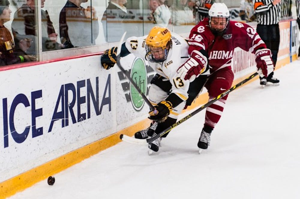 in a game against Oklahoma, Thursday, Jan. 8, 2015 at Oceanside Ice Arena in Tempe. The Sooners defeated the Sun Devils 5-3. (Ben Moffat/The State Press)