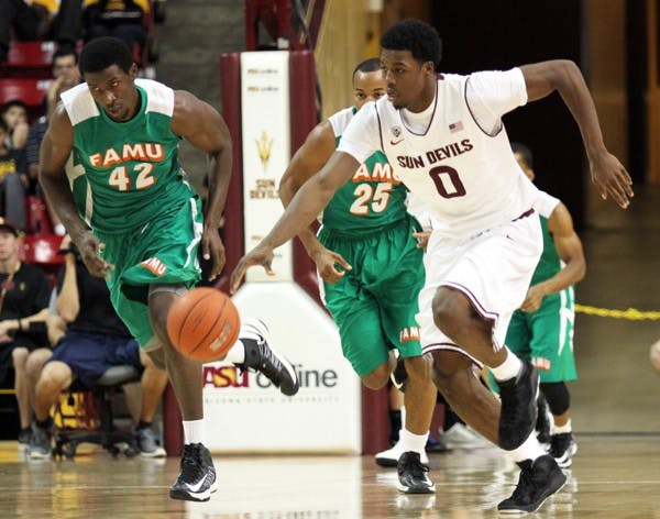 Senior wing Carrick Felix pushes the ball up court against Florida A&M in ASU’s 97-70 victory on Nov. 18. (Photo by Kyle Newman)