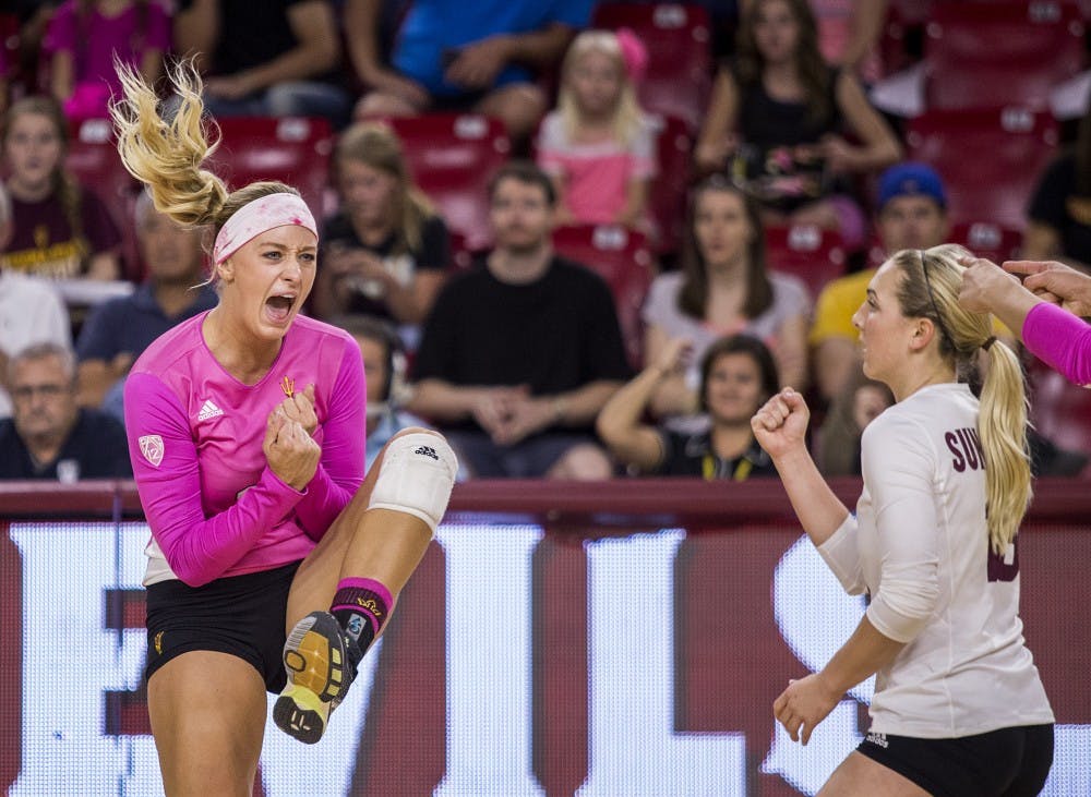 The ASU volleyball team competes against the visiting Stanford Cardinal at Wells Fargo Arena in Tempe on Friday, Oct. 2, 2015.