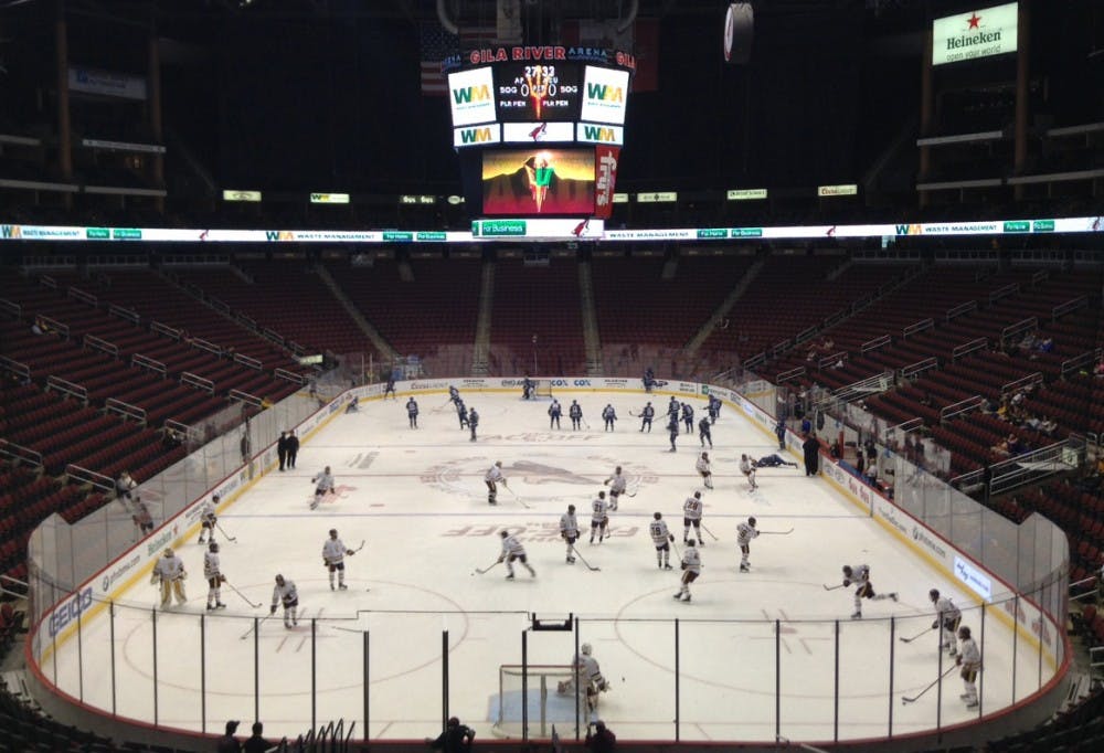 ASU hockey warms up for its game against the Air Force Falcons at Gila River Arena in Glendale, Arizona&nbsp;on&nbsp;Oct. 14, 2016.