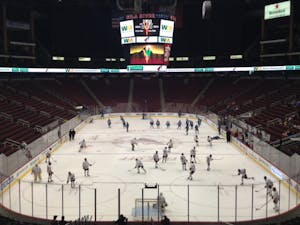 ASU hockey warms up for its game against the Air Force Falcons at Gila River Arena in Glendale, Arizona&nbsp;on&nbsp;Oct. 14, 2016.