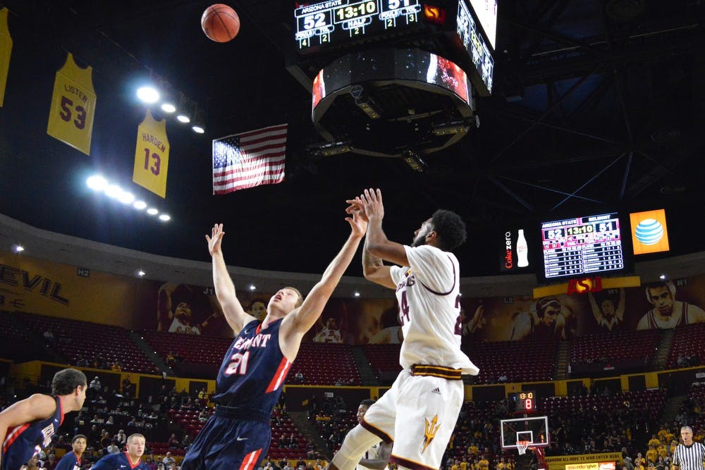 Junior guard Andre Spight (24) takes a shot against Belmont on Monday, Nov. 16, 2015, at Wells Fargo Arena in Tempe. The Sun Devils defeated the Bruins 83-74.