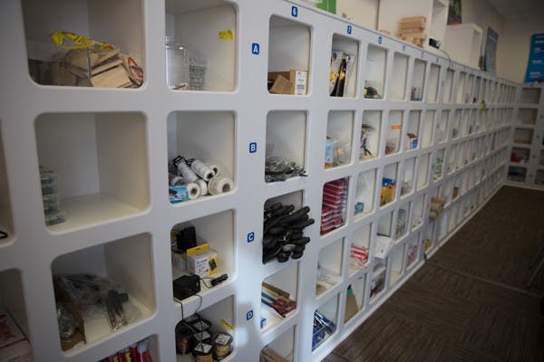 STEAM kit materials at the ASU Polytechnic campus kept in separate bins. (Photo by Carly Traxler)