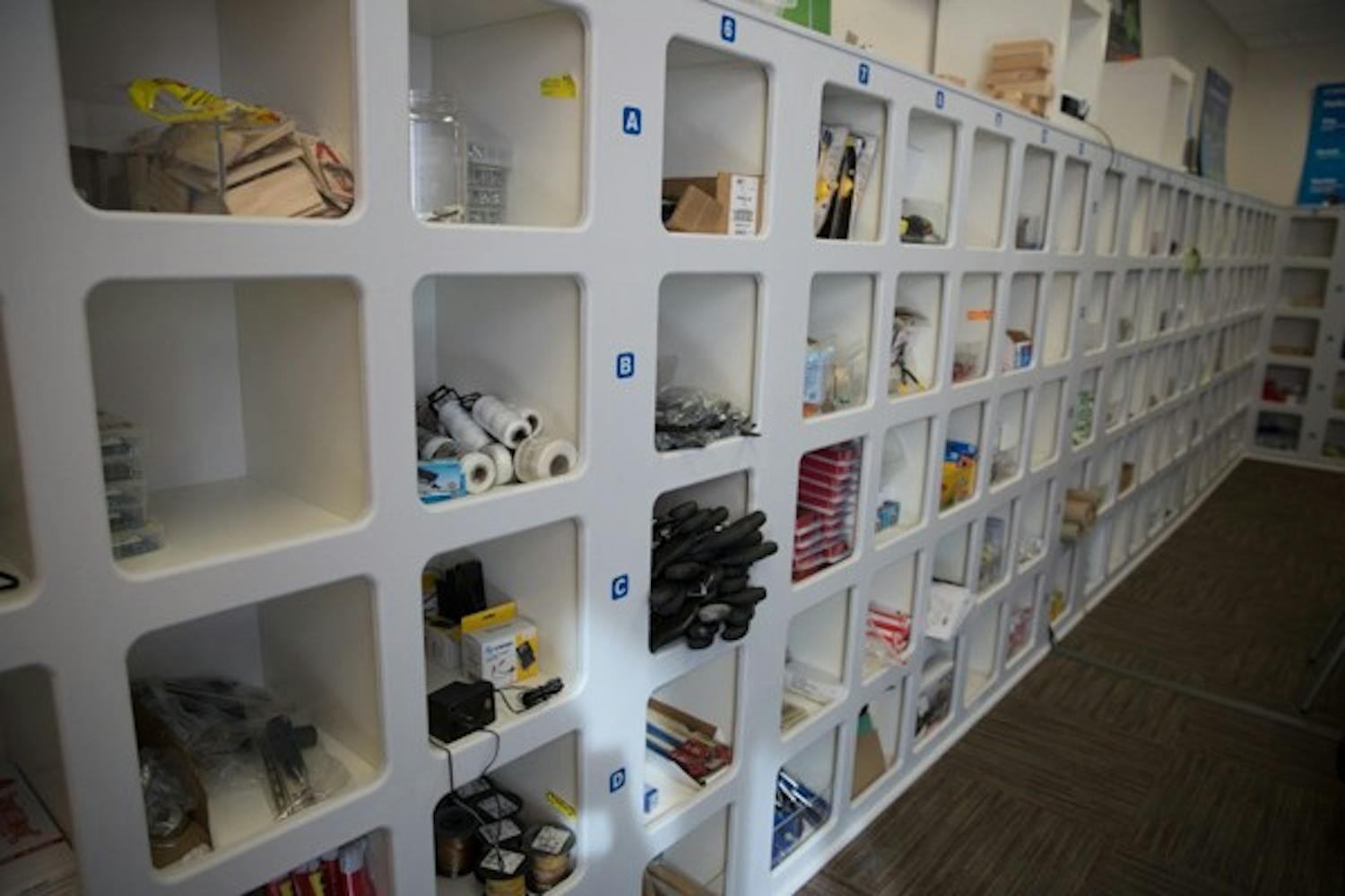 STEAM kit materials at the ASU Polytechnic campus kept in separate bins. (Photo by Carly Traxler)