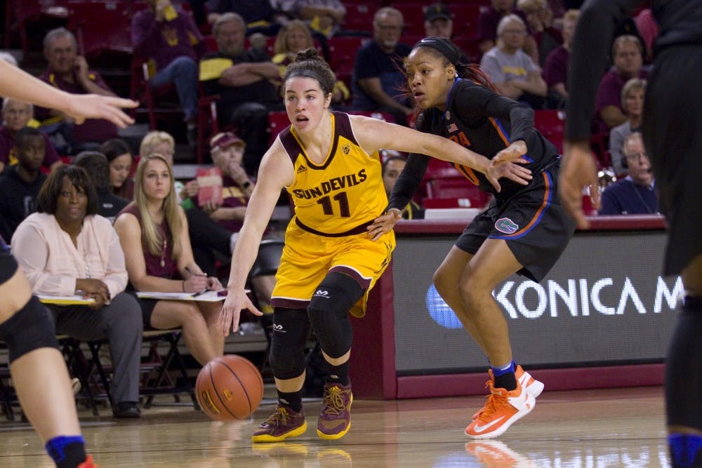 ASU freshman guard Robbi Ryan (22) looks to drive to the baseline in the third quarter of a women's basketball game in the ASU Classic Tournament against the No. 19 ranked Florida Gators in Wells Fargo Arena in Tempe, Arizona on Sunday, Dec. 4, 2016. ASU won 69-63, putting them at 5-2 on the season.