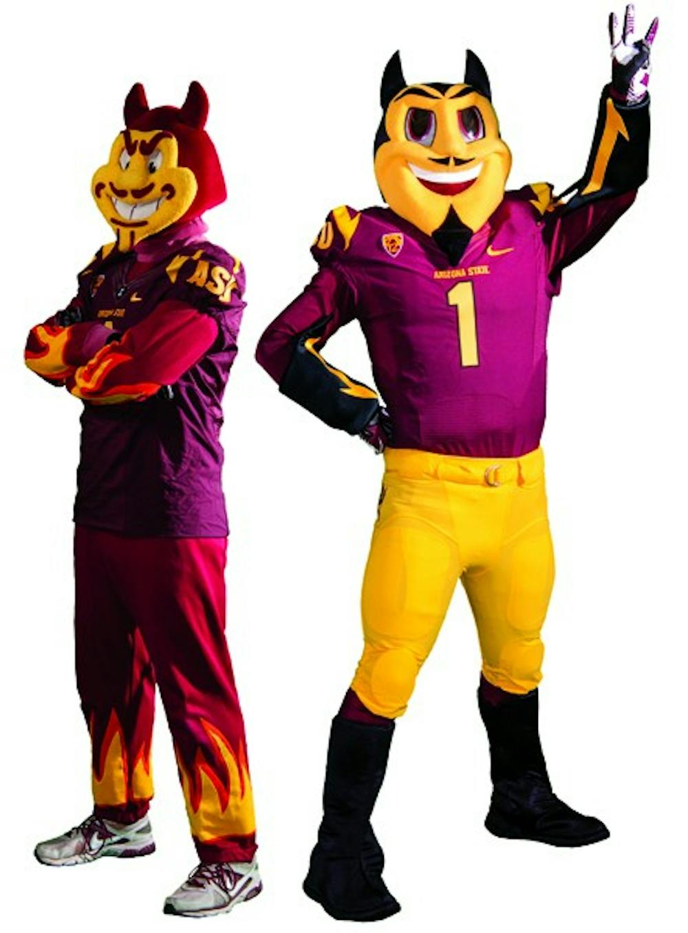 The old Sparky costume, on the left, featured sweatpants and flames. The newer design, on the right, was designed in collaboration with Disney. Alumni and student reactions to the new mascot have been mixed. (Photo Courtesy of ASU Media Relations)