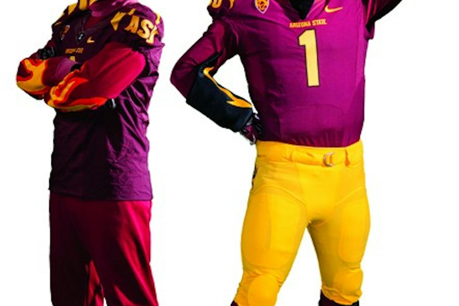The old Sparky costume, on the left, featured sweatpants and flames. The newer design, on the right, was designed in collaboration with Disney. Alumni and student reactions to the new mascot have been mixed. (Photo Courtesy of ASU Media Relations)