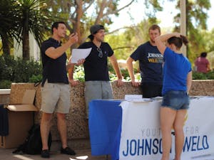 Youth for Johnson/Weld club members&nbsp;Anthony Fraijo, Cameron Canete and David Howman talk to Mountain West Regional Director&nbsp;Lauren McCarthy in front of the Memorial Union on Friday,&nbsp;Sept. 9 2016.&nbsp;