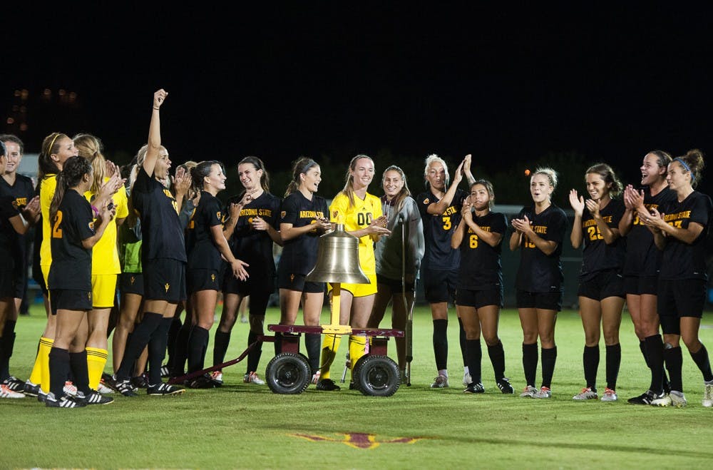 ASU's women's soccer team cheers for its win against Oregon State on Friday, Oct. 23, 2015, at Sun Devil Soccer Stadium in Tempe.