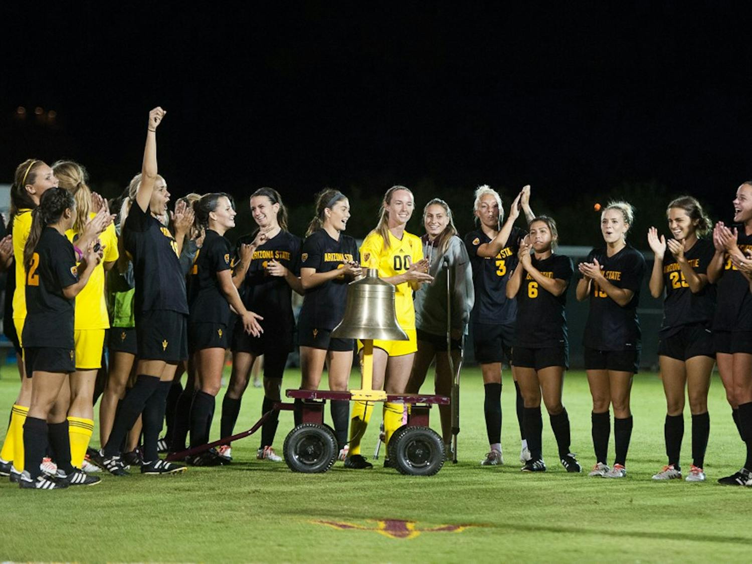 ASU's women's soccer team cheers for its win against Oregon State on Friday, Oct. 23, 2015, at Sun Devil Soccer Stadium in Tempe.