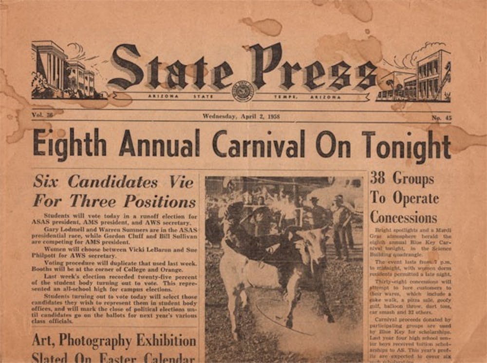 A 1958 issue of the State Press features news on a campus carnival and student government elections. (Photo courtesy of Gary Waugaman)