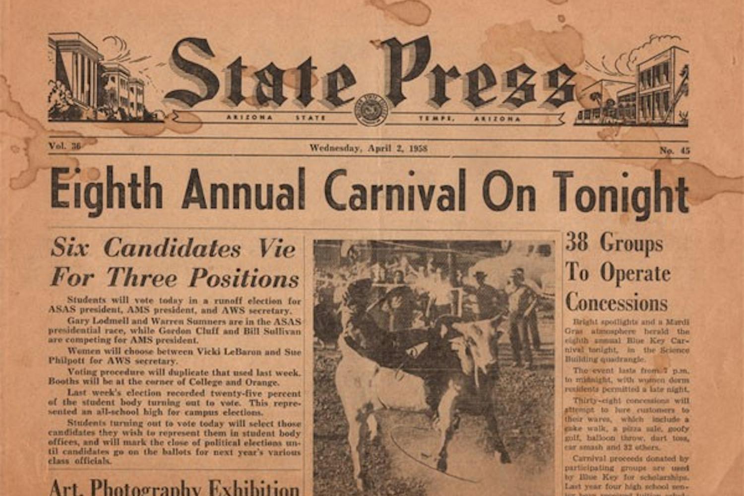 A 1958 issue of the State Press features news on a campus carnival and student government elections. (Photo courtesy of Gary Waugaman)