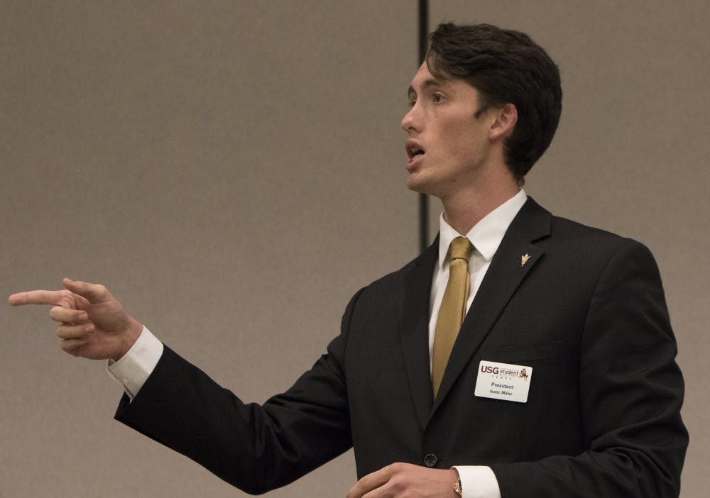 USG executive president Isaac Miller clarifies a bill being called to question during the USG meeting on Tuesday, Oct. 6, 2015, at the Memorial Union in Tempe.