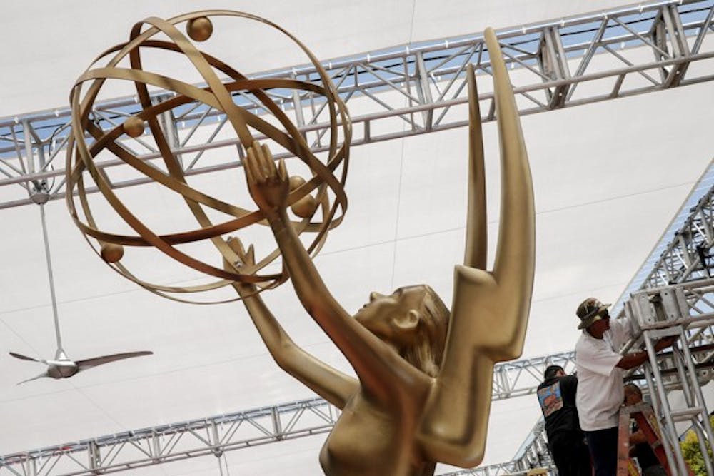 Crews set up the red carpet area outside Nokie Theatre at L.A. Live on August 22, 2014. The 66th Primetime Emmy Awards are scheduled for Monday, Aug. 25, 2014. (Jay L. Clendenin/Los Angeles Times/MCT) 
