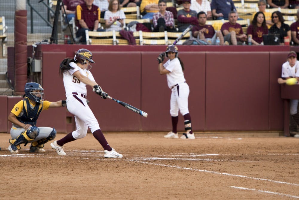 Senior Elizabeth Caporuscio hits for a single in the bottom of the fourth inning against California at Farrington Stadium in Tempe  on Friday March 20, 2015. The Sun Devils defeated the Bears 8-7. (Jacob Stanek/ The State Press)