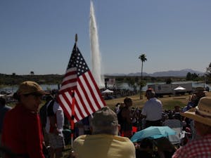 Trump supporters and protestors alike gathered in Fountain Hills Saturday to hear Trump address immigration, common core, Obamacare and the Second Amendment.