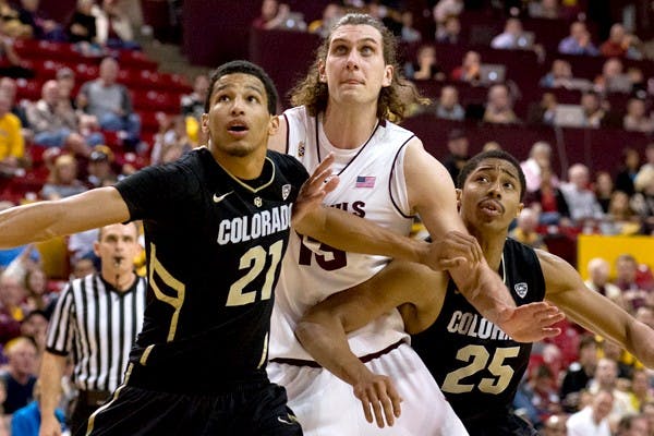 Junior center Jordan Bachynski fights for a rebound against Colorado at Sunday night's game. Bachynski said the win against CU was "huge" for the Sun Devils. (Photo Courtesy of Aaron Lavinsky)