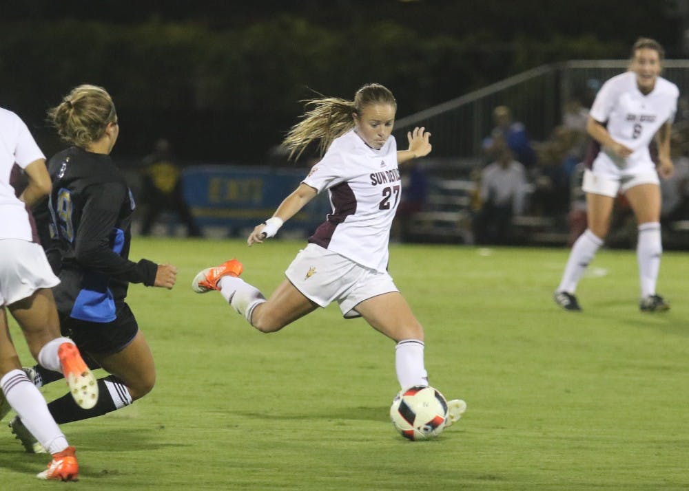 ASU soccer junior&nbsp;forward/midfielder Aly Moon attempts a kick against UCLA on Thursday, Sept. 22 at Drake Stadium in Los Angeles. The Sun Devils fell to the Bruins 2-0.