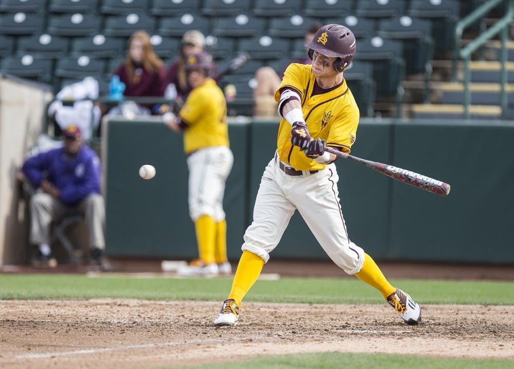 ASU baseball center-fielder Andrew Shaps bats during a game against the University of Washington Huskies at Phoenix Municipal Stadium in Phoenix, Arizona, on Sunday, April 10, 2016. 
