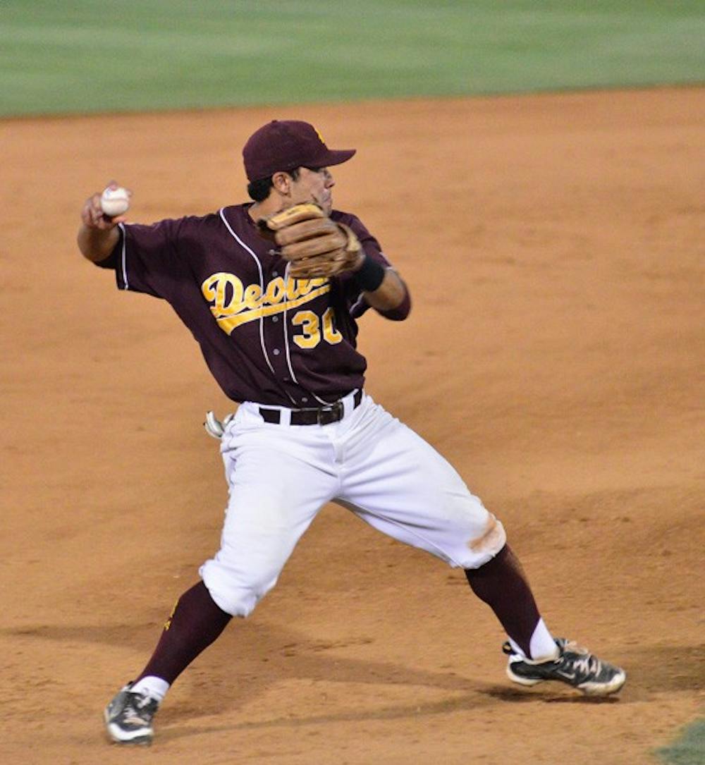Regionals at Home: ASU third baseman Riccio Torrez makes a throw to first during the Sun Devils’ 7-0 loss to UCLA on Saturday. ASU was selected to host an NCAA regional, and opens up play against New Mexico on Friday. (Photo by Aaron Lavinsky)