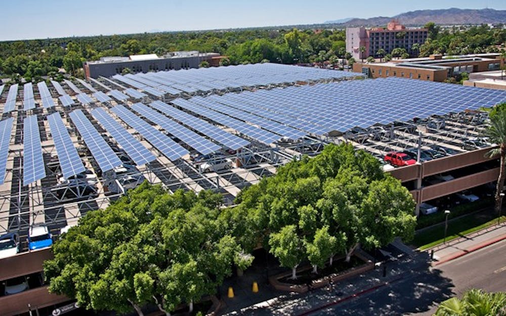 The Apache Boulevard parking structure is one of the many buildings at ASU that is powered by solar energy. ASU recently received funding from the U.S. and Australia to further solar energy research and technologies. (Photo Courtesy of the Office of Knowledge Enterprise Development at ASU)