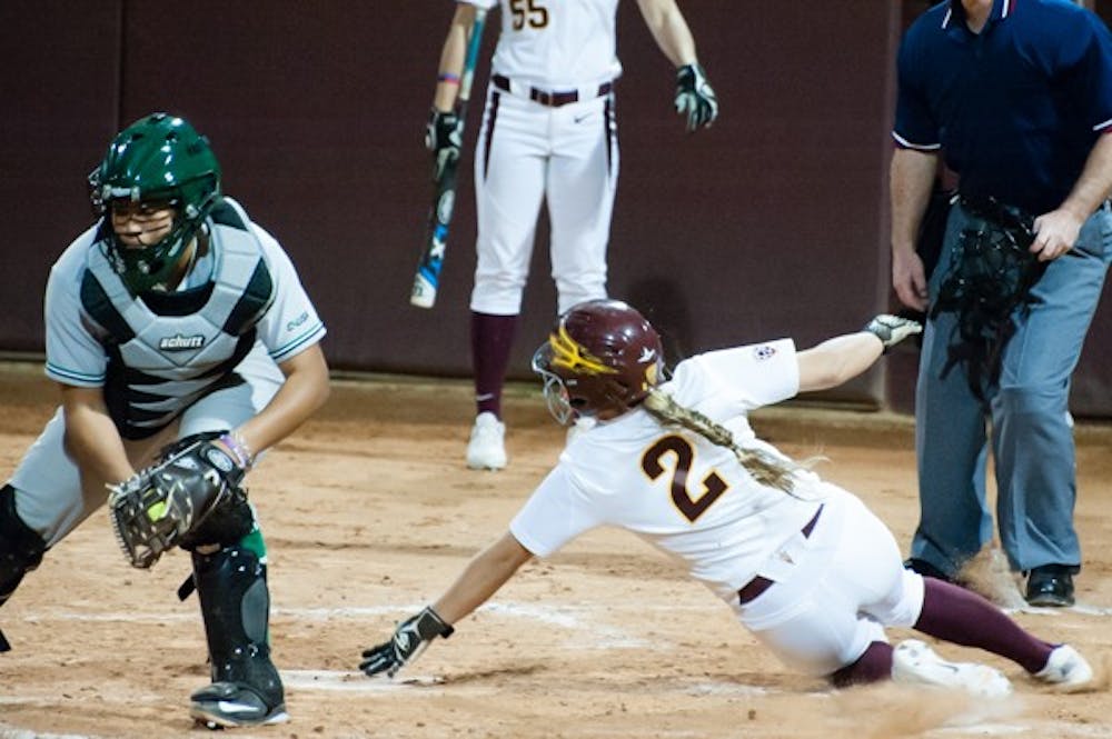 Freshman infielder Brynley Steele scores against North Texas, Friday, Feb. 13, 2015, at Farrington Softball Stadium in Tempe. The Sun Devils defeated the Mean Green 10-2. (Ben Moffat/The State Press)
