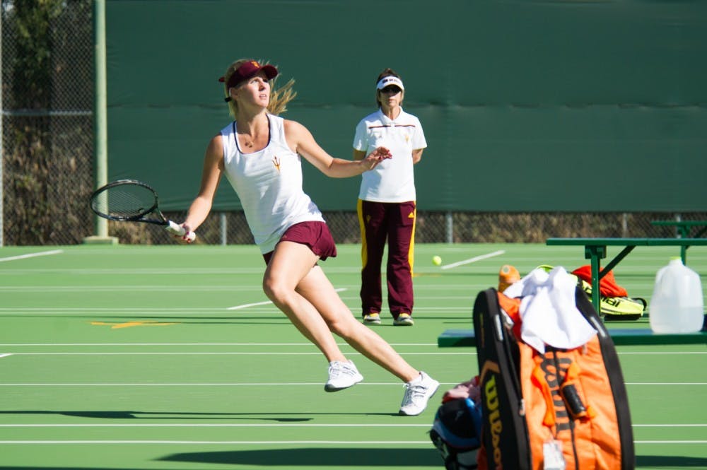 Then-freshman Sammi Hampton runs back for the return  during the match against the  Princeton Tigers on Thursday, Jan. 28, 2016, at Whiteman Tennis Center in  Tempe.