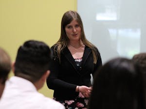 Undergraduate Student Government Downtown senatorial candidate Alyson Perkins speaks to students at an election forum hosted by USGD on March 17, 2017.